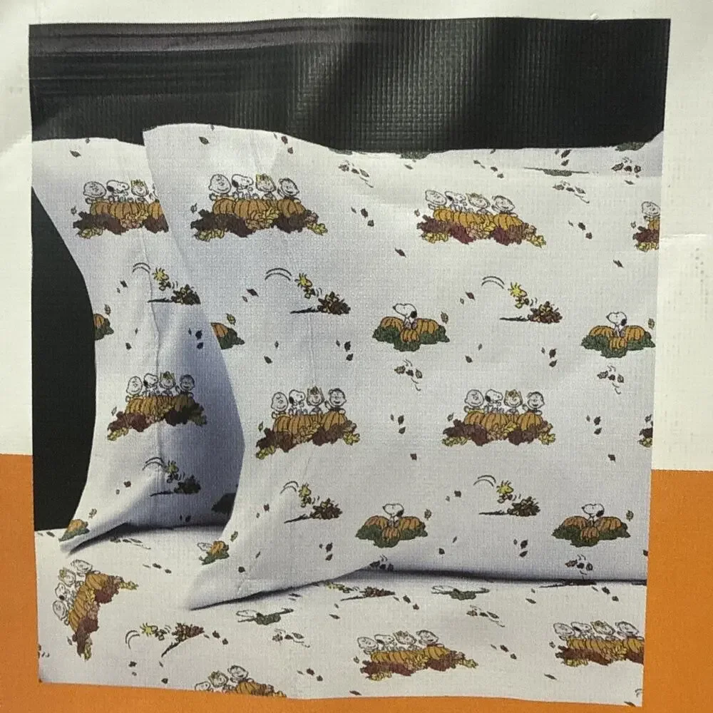 PUMPKIN PATCH FALL LEAVES Peanuts Twin Sheet Set Snoopy Woodstock Pumpkins NEW